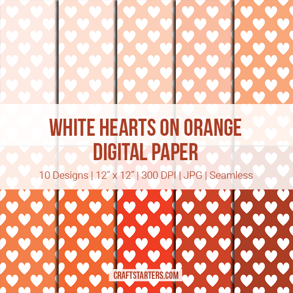 White Hearts on Orange Digital Paper