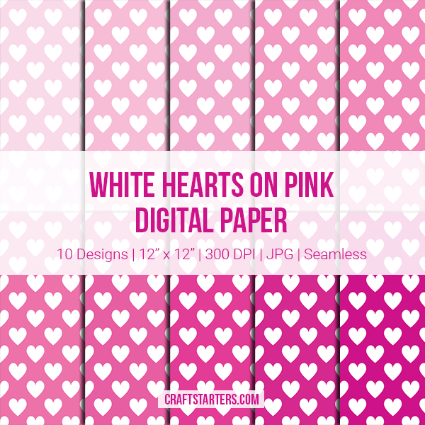 White Hearts on Pink Digital Paper