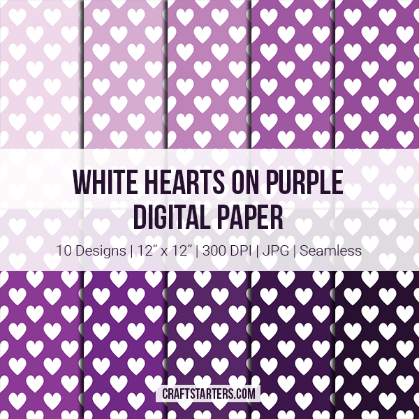 White Hearts on Purple Digital Paper