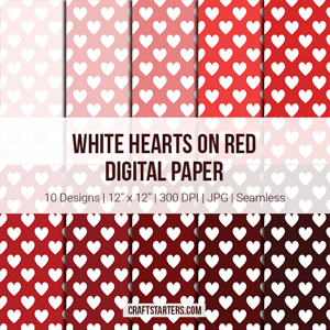 White Hearts on Red Digital Paper