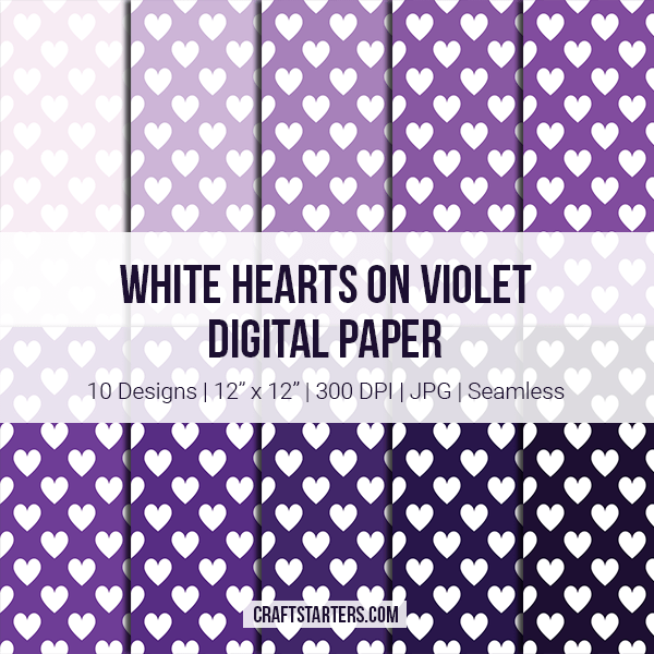 White Hearts on Violet Digital Paper
