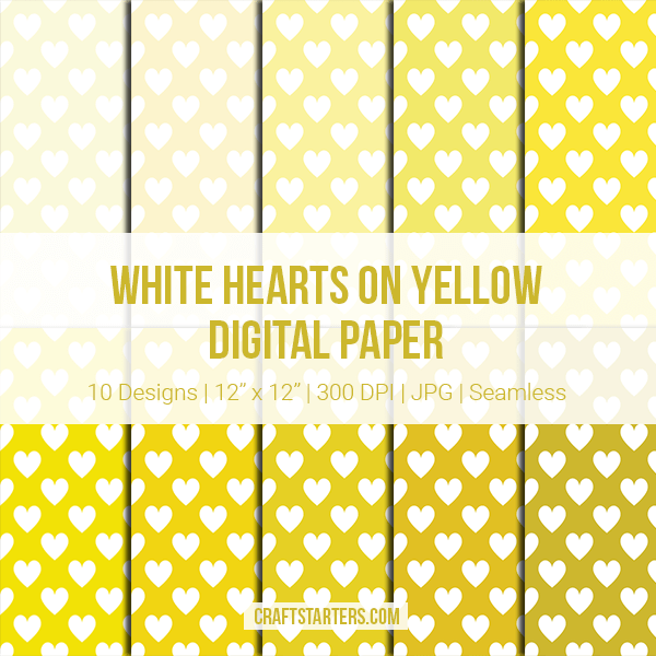 White Hearts on Yellow Digital Paper