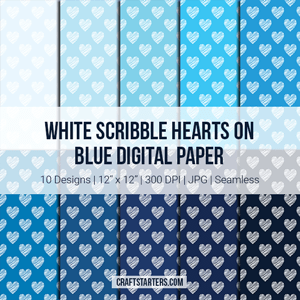 White Scribble Hearts On Blue Digital Paper