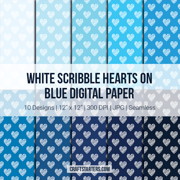 White Scribble Hearts On Blue Digital Paper