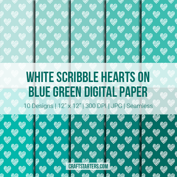 White Scribble Hearts On Blue Green Digital Paper
