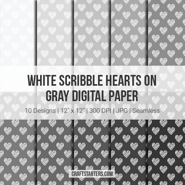 White Scribble Hearts On Gray Digital Paper