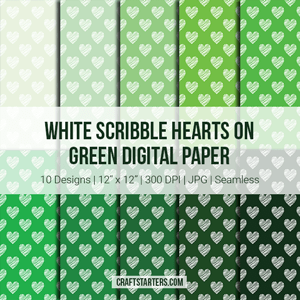 White Scribble Hearts On Green Digital Paper