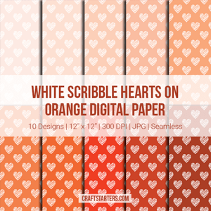 White Scribble Hearts On Orange Digital Paper