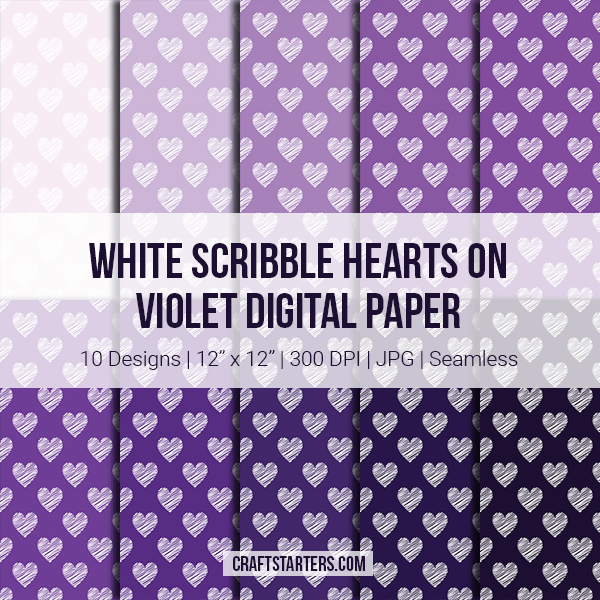 White Scribble Hearts On Violet Digital Paper