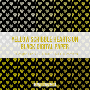 Yellow Scribble Hearts On Black Digital Paper