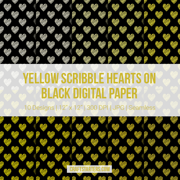 Yellow Scribble Hearts On Black Digital Paper