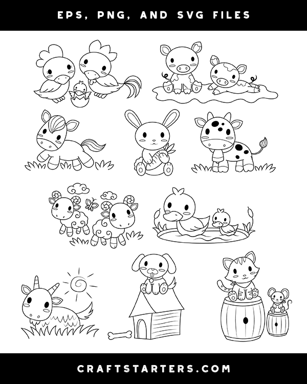 Baby Farm Animal Digital Stamps | Black and White Clip Art