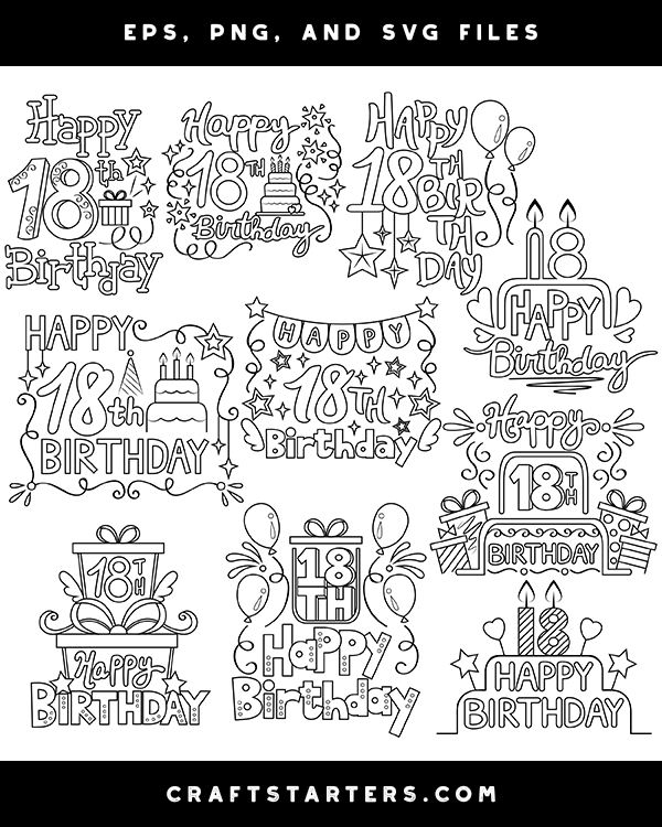 Download Happy 18th Birthday Digital Stamps Black And White Clip Art SVG, PNG, EPS, DXF File