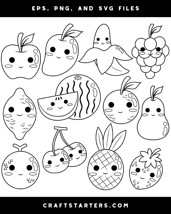 Kawaii Fruit Digital Stamps | Black and White Clip Art
