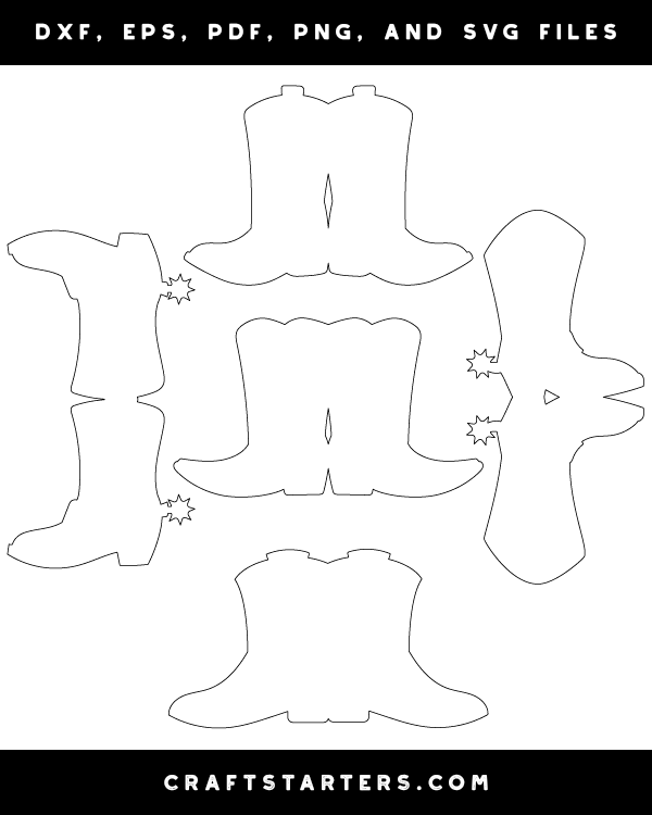 Cowboy Boot Shaped Card Outline Patterns: DFX, EPS, PDF, PNG, and SVG Cut Files