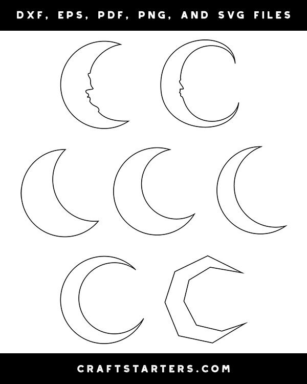 Crescent Moon Outline Patterns: DFX, EPS, PDF, PNG, and SVG Cut Files