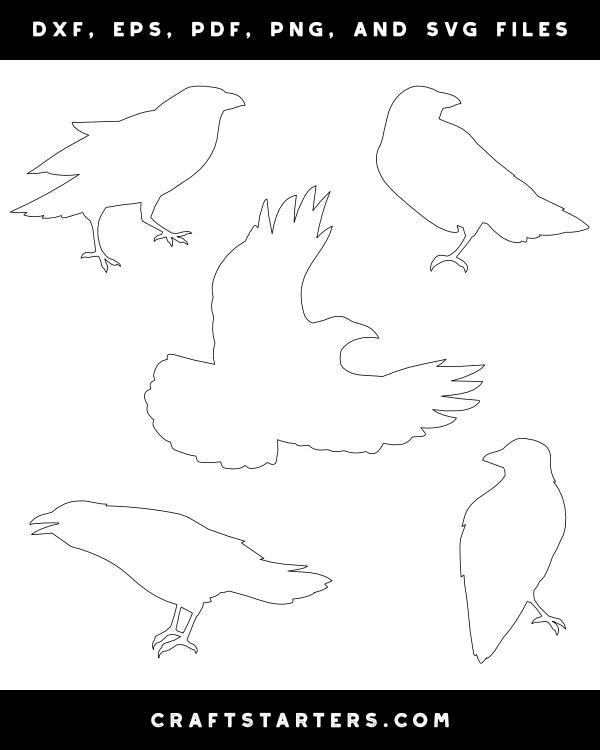 Crow Outline Patterns: DFX, EPS, PDF, PNG, and SVG Cut Files