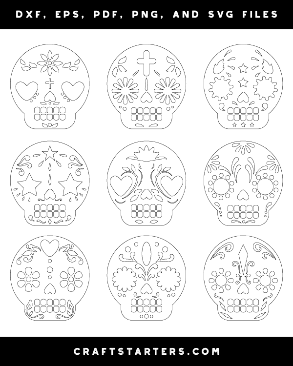 Cute Sugar Skull Outline Patterns: DFX, EPS, PDF, PNG, and SVG Cut Files