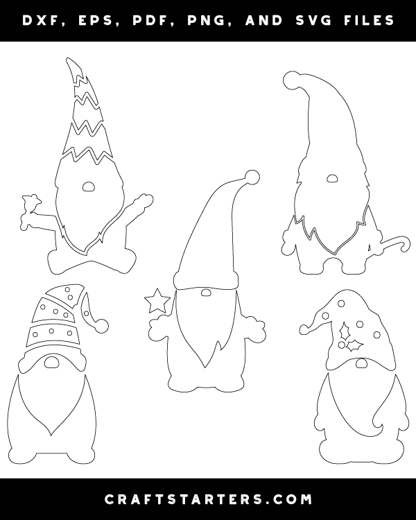 Detailed Christmas Gnome Outline Patterns DFX, EPS, PDF, PNG, and SVG