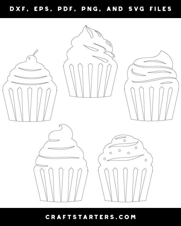 Detailed Cupcake Outline Patterns: DFX, EPS, PDF, PNG, and SVG Cut Files