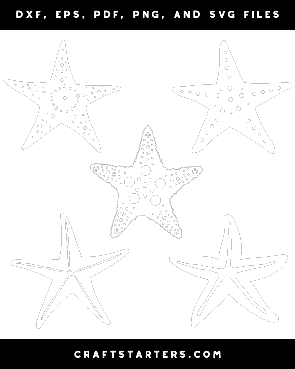 Detailed Starfish Outline Patterns: DFX, EPS, PDF, PNG, and SVG Cut Files