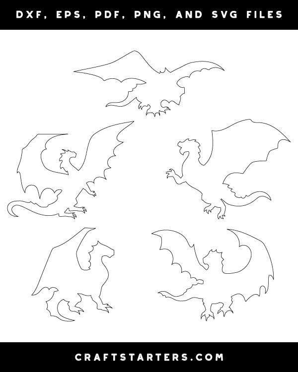Dragon Outline Patterns: DFX, EPS, PDF, PNG, and SVG Cut Files