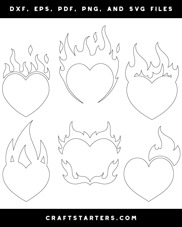 Flaming Heart Outline Patterns: DFX, EPS, PDF, PNG, and SVG Cut Files