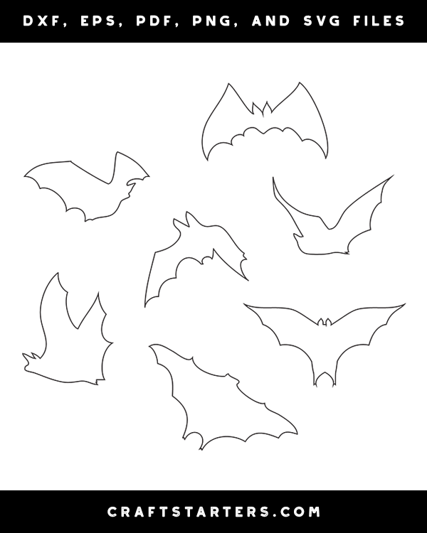 Flying Bat Outline Patterns DFX, EPS, PDF, PNG, and SVG Cut Files
