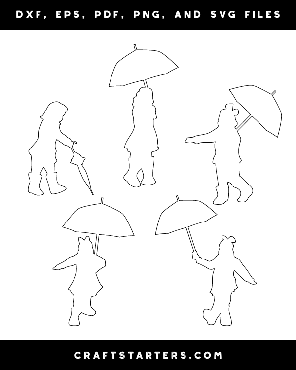 Girl With Umbrella Outline Patterns DFX EPS PDF PNG And SVG Cut Files