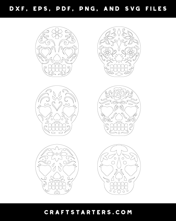Girly Sugar Skull Outline Patterns: DFX, EPS, PDF, PNG, and SVG Cut Files