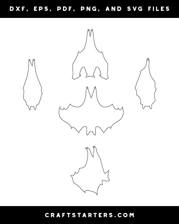 Hanging Bat Outline Patterns: DFX, EPS, PDF, PNG, and SVG Cut Files