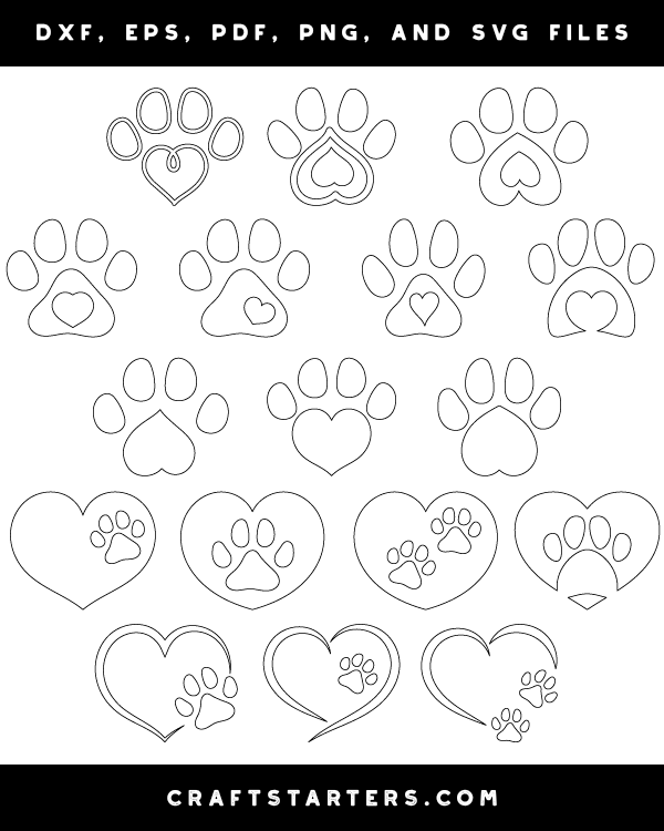 Heart Paw Print Outline Patterns: DFX, EPS, PDF, PNG, and SVG Cut Files
