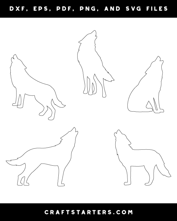Howling Wolf Outline Patterns: DFX, EPS, PDF, PNG, and SVG Cut Files