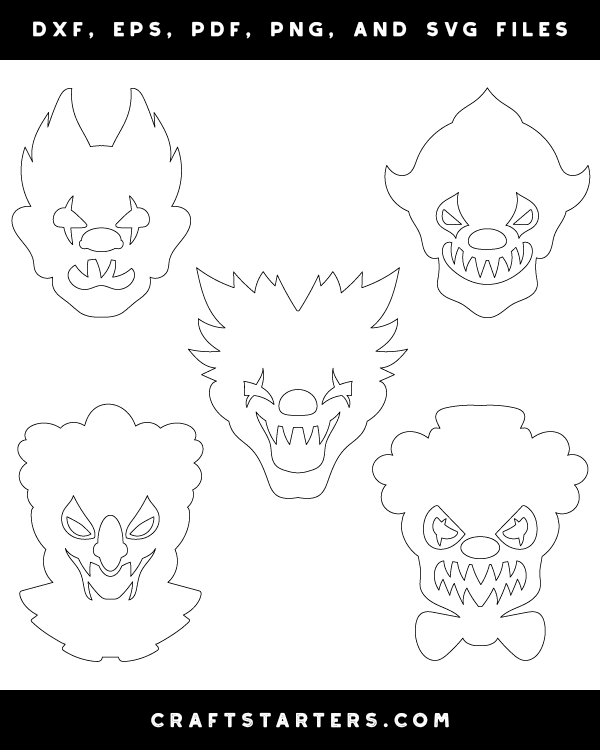 Scary Clown Face Outline Patterns: DFX, EPS, PDF, PNG, and SVG Cut Files