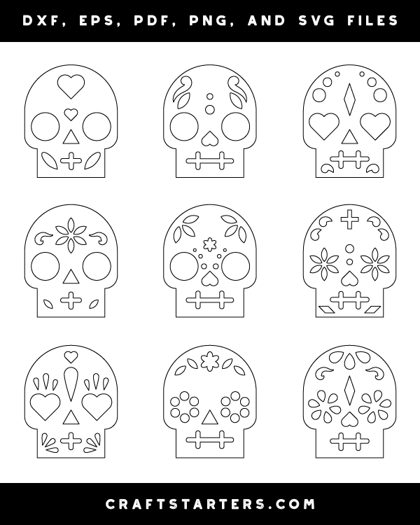 Simple Sugar Skull Outline Patterns: DFX, EPS, PDF, PNG, and SVG Cut Files
