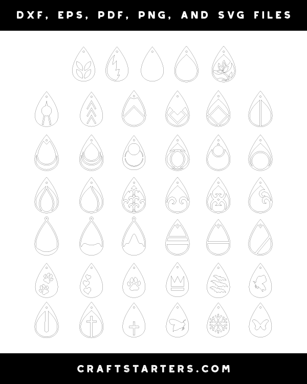 Teardrop Earring Outline Patterns: DFX, EPS, PDF, PNG, and SVG Cut Files