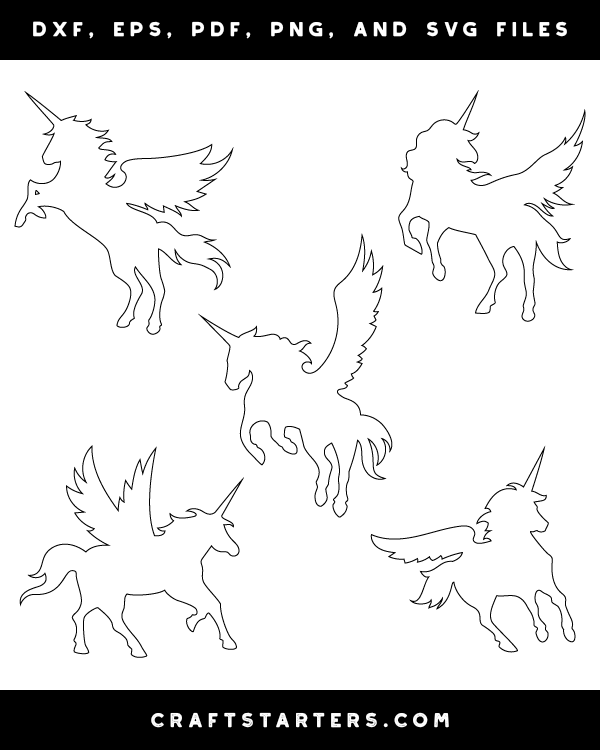 Unicorn With Wings Outline Patterns DFX, EPS, PDF, PNG, and SVG Cut Files