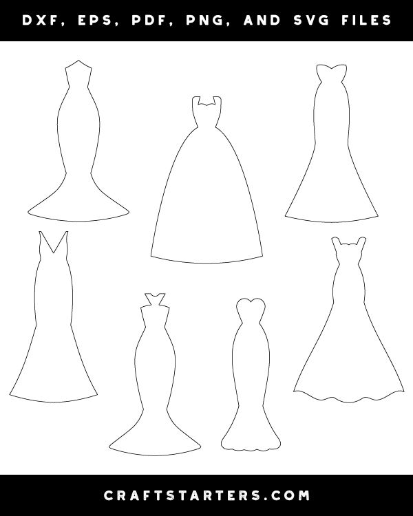 Wedding Dress Outline Patterns: DFX, EPS, PDF, PNG, and SVG Cut Files
