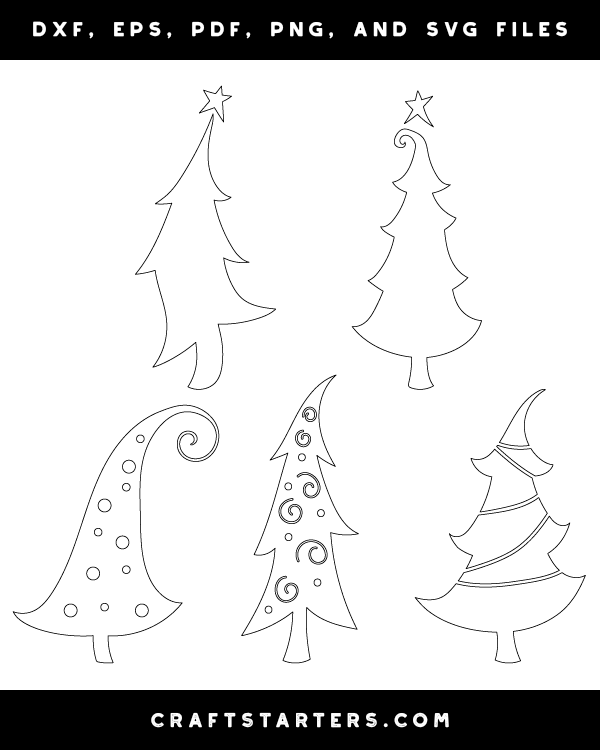 Whimsical Christmas Tree Outline Patterns: DFX, EPS, PDF, PNG, and SVG Cut Files