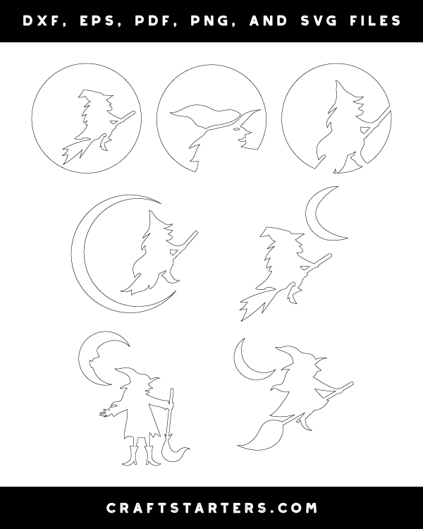 Witch And Moon Outline Patterns: DFX, EPS, PDF, PNG, and SVG Cut Files